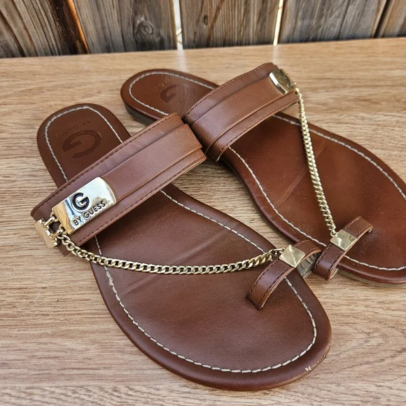 G By Guess Brown Leather Sandals with Gold Chain Size 8 - Picture 14 of 16